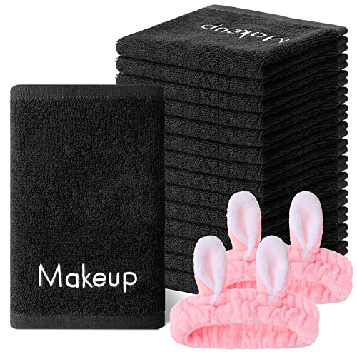 30 Pcs Makeup Remover Wash Cloth Bulk Fleece Microfiber Facial Towel Reusable Cotton Absorbent Washcloth Soft Drying Towel Cleansing with 2 Spa Headbands for Clean and Make Up,12 x 12 Inches (Black)