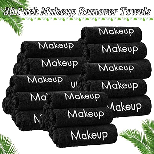 30 Pcs Makeup Remover Wash Cloth Bulk Fleece Microfiber Facial Towel Reusable Cotton Absorbent Washcloth Soft Drying Towel Cleansing with 2 Spa Headbands for Clean and Make Up,12 x 12 Inches (Black)