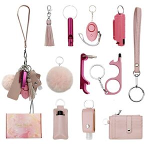 araafur leather wristlet keychain set with personal alarm and bottle opener, car keychain accessories for women (pink keychain wallet set)