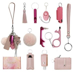 Araafur Leather Wristlet Keychain Set with Personal Alarm and Bottle Opener, Car Keychain Accessories for Women (Pink Keychain Wallet set)