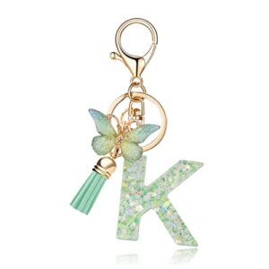 okaicen fashion alphabet initial letter keychain green tassel butterfly pendant key ring for purse handbags women girl('k')