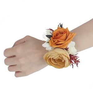 rinlong 6pcs burnt orange wrist corsage wristlet band boho bracelet wrist flowers wedding bride bridesmaid flower accessories decoration
