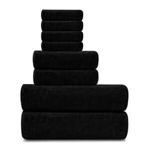tens towels 8 piece towels set, 2 extra large bath towels, 2 hand towels, 4 washcloths, 100% cotton, lighter weight, quicker to dry, super absorbent, perfect bathroom towels set (black)