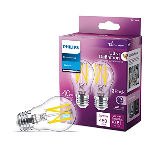 Philips LED Ultra Definition Flicker-Free Dimmable, Eye Comfort Technology, Daylight 5000K A15 Clear Glass Light Bulb, 450 Lumen, 5W=40W, E26 Base, Title 20 Certified, 2-Pack