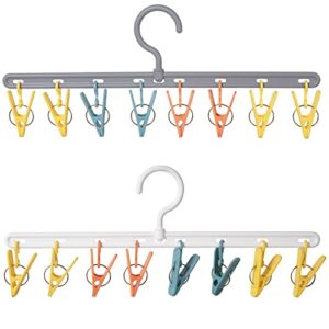 foshine clothes hanger with 8 color clips 2 pack clothes drying racks windproof for drying socks bras underwears baby clothes, hats scarfs towels pants and gloves diaper white gray