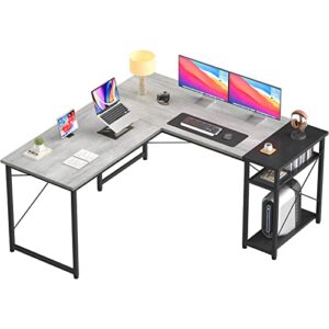 foxemart l-shaped computer desk, industrial corner desk writing study table with storage shelves, space-saving, large gaming desk 2 person table for home office workstation, gray oak and black