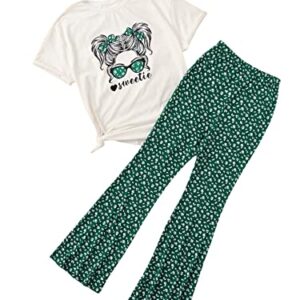 SOLY HUX Girl's Two Piece Outfits Summer Tops Short Sleeve T-Shirt Figure Graphic Tee and Pants Bell Bottom Flared Pants Set White and Green 9 Years