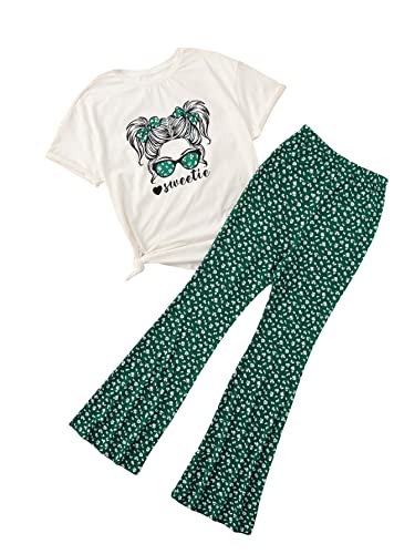 SOLY HUX Girl's Two Piece Outfits Summer Tops Short Sleeve T-Shirt Figure Graphic Tee and Pants Bell Bottom Flared Pants Set White and Green 9 Years