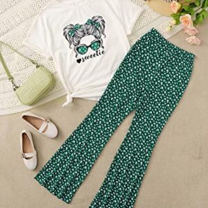 SOLY HUX Girl's Two Piece Outfits Summer Tops Short Sleeve T-Shirt Figure Graphic Tee and Pants Bell Bottom Flared Pants Set White and Green 9 Years