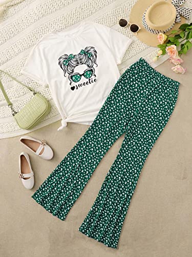 SOLY HUX Girl's Two Piece Outfits Summer Tops Short Sleeve T-Shirt Figure Graphic Tee and Pants Bell Bottom Flared Pants Set White and Green 9 Years