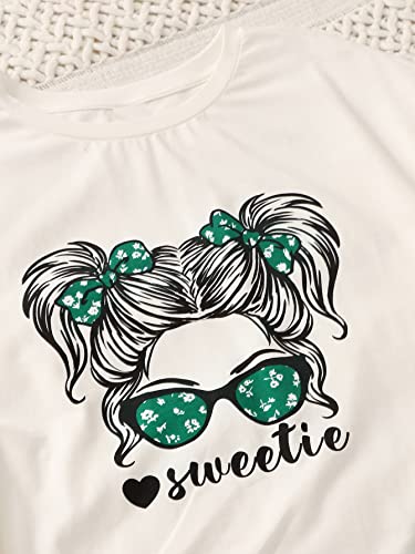 SOLY HUX Girl's Two Piece Outfits Summer Tops Short Sleeve T-Shirt Figure Graphic Tee and Pants Bell Bottom Flared Pants Set White and Green 9 Years