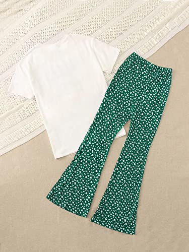 SOLY HUX Girl's Two Piece Outfits Summer Tops Short Sleeve T-Shirt Figure Graphic Tee and Pants Bell Bottom Flared Pants Set White and Green 9 Years