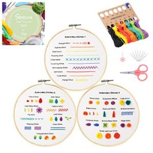 santune embroidery kit - 3pcs embroidery patterns with instructions for beginners cross stitch kits for adults with 1 embroidery hoops, color threads and needles, good hobbies for women