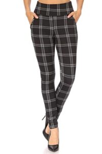 shosho womens high waist skinny pants tummy control butt lifting pull on stretch trousers with pockets plaid print black/white small
