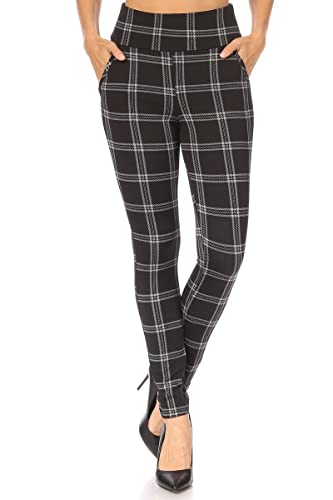 ShoSho Womens High Waist Skinny Pants Tummy Control Butt Lifting Pull On Stretch Trousers with Pockets Plaid Print Black/White Small