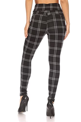 ShoSho Womens High Waist Skinny Pants Tummy Control Butt Lifting Pull On Stretch Trousers with Pockets Plaid Print Black/White Small