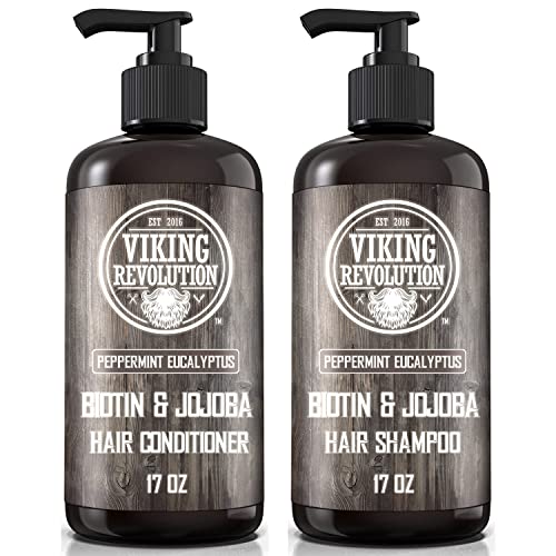 Viking Revolution Biotin Mens Shampoo and Conditioner Set - Eucalyptus and Peppermint Shampoo and Conditioner Set with Jojoba Oil and Mint Oil - Peppermint Oil Hair Conditioner for Men (17 Oz)