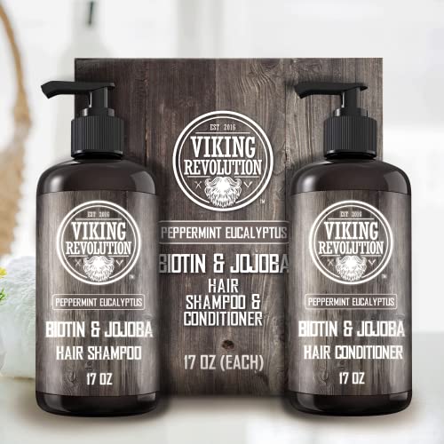 Viking Revolution Biotin Mens Shampoo and Conditioner Set - Eucalyptus and Peppermint Shampoo and Conditioner Set with Jojoba Oil and Mint Oil - Peppermint Oil Hair Conditioner for Men (17 Oz)