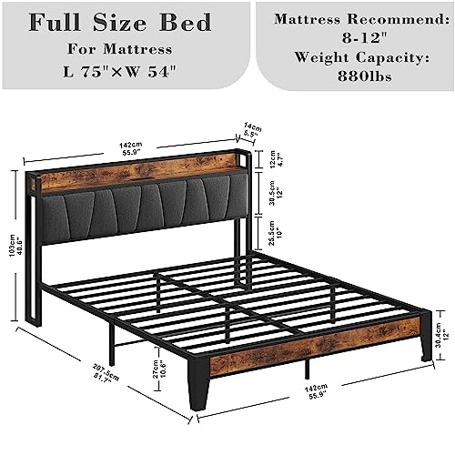 LIKIMIO Full Bed Frame, Storage Headboard with Charging Station, Solid and Stable, Noise Free, No Box Spring Needed, Easy Assembly