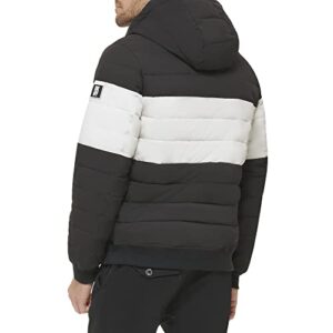 DKNY Men's Big & Tall Quilted Performance Hooded Bomber Jacket, Black Matte Stretch, XXX-Large Tall