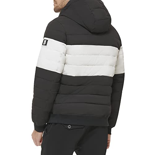 DKNY Men's Big & Tall Quilted Performance Hooded Bomber Jacket, Black Matte Stretch, XXX-Large Tall