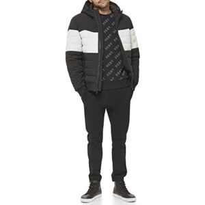 DKNY Men's Big & Tall Quilted Performance Hooded Bomber Jacket, Black Matte Stretch, XXX-Large Tall