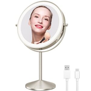 lomrecs vanity mirror with lights, 1x/10x magnifying makeup mirror with lights, 8 inch rechargeable double sided lighted makeup mirror, dimmable led vanity mirror with 3 color lighting modes