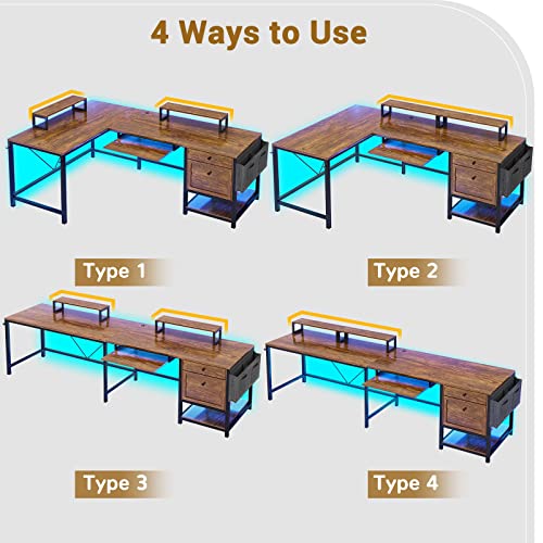 SEDETA 69" L Shaped Gaming Desk, Convertible L Office Desk to Long Computer Desk, Gaming Desk with LED Lights, Corner Desk with File Drawers & Keyboard Tray for Home Office, Rustic Brown