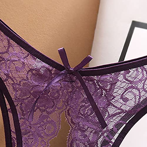 TIFZHADIAO Sexy Thongs Underwear for Women Lace Lingerie No Show Panties Ladies Breathable Low Rise T-Back Underpants Purple