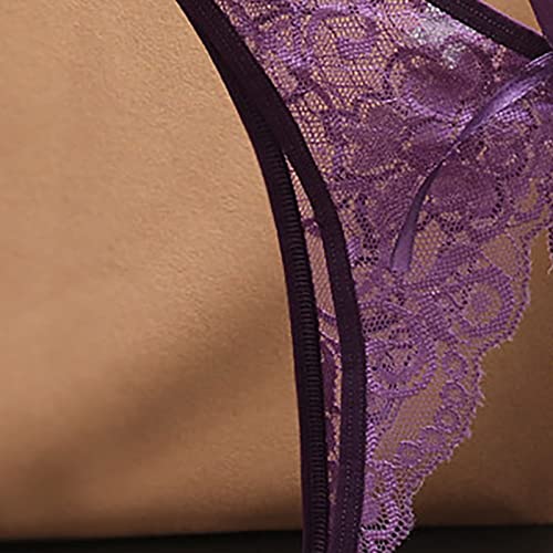 TIFZHADIAO Sexy Thongs Underwear for Women Lace Lingerie No Show Panties Ladies Breathable Low Rise T-Back Underpants Purple