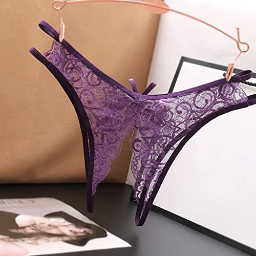 TIFZHADIAO Sexy Thongs Underwear for Women Lace Lingerie No Show Panties Ladies Breathable Low Rise T-Back Underpants Purple