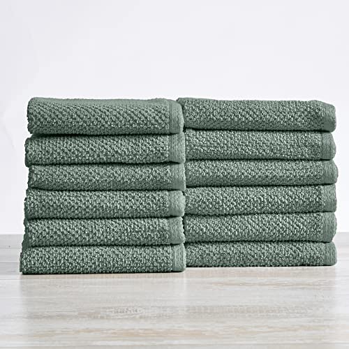 Great Bay Home 12-Pack 100% Cotton, Quick-Dry Textured Washcloths. Ultra-Absorbent, Popcorn Weave. Acacia Collection. (Wash 12pk, Eucalyptus)