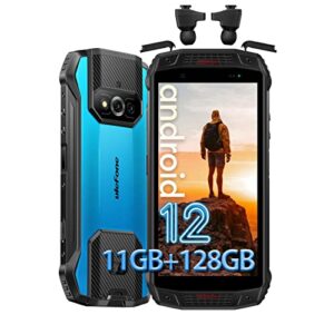 ulefone armor 15 rugged smartphone, built in tws earbuds, 6600mah big battey, ip68/ip69k waterproof phones unlocked, 11gb+128gb, 12mp+13mp+16mp, 5.45-in hd+, android 12, dual speakers, face id, blue