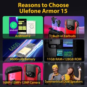 Ulefone Armor 15 Rugged Smartphone, Built in TWS Earbuds, 6600mAh Big Battey, IP68/IP69K Waterproof Phones Unlocked, 11GB+128GB, 12MP+13MP+16MP, 5.45-in HD+, Android 12, Dual Speakers, Face ID, Blue