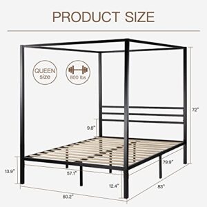 ikalido Queen Size Metal Canopy Bed Frame, Modern Four-Poster Platform Bed Frame, Mattress Foundation with Wood Slat Support/Under-Bed Storage Space/No Box Spring Needed/Black