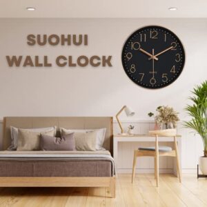 SUOHUI 12 Inch Silent Wall Clock Non-Ticking Modern Style Wall Clocks Battery Operated for Home/Bedroom/Office/Classroom/School/Living Room Decor(Golden Frame Black Dial)