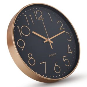 suohui 12 inch silent wall clock non-ticking modern style wall clocks battery operated for home/bedroom/office/classroom/school/living room decor(golden frame black dial)