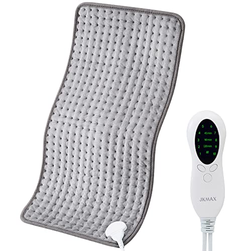 JKMAX Heating Pad for Back Pain Relief with Auto Shut-Off - 10 Heat Settings, Grey Heating Pads for Cramps with LED Controller, Moist and Dry Heat Therapy for Neck Shoulder, Machine-Washable,12" x 24"