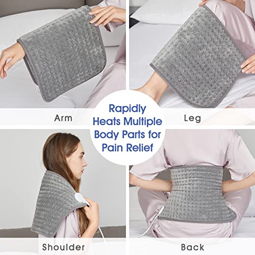 JKMAX Heating Pad for Back Pain Relief with Auto Shut-Off - 10 Heat Settings, Grey Heating Pads for Cramps with LED Controller, Moist and Dry Heat Therapy for Neck Shoulder, Machine-Washable,12" x 24"