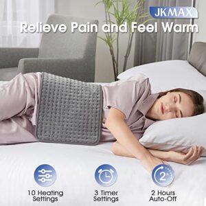 JKMAX Heating Pad for Back Pain Relief with Auto Shut-Off - 10 Heat Settings, Grey Heating Pads for Cramps with LED Controller, Moist and Dry Heat Therapy for Neck Shoulder, Machine-Washable,12" x 24"