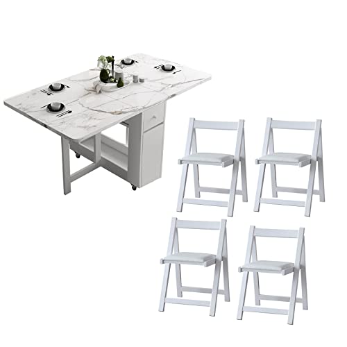 FUNROLUX Folding Dining Table and 4 Piece Folding Dining Chair Set, White Wooden Foldable Dining Table with Padded Seats Chairs