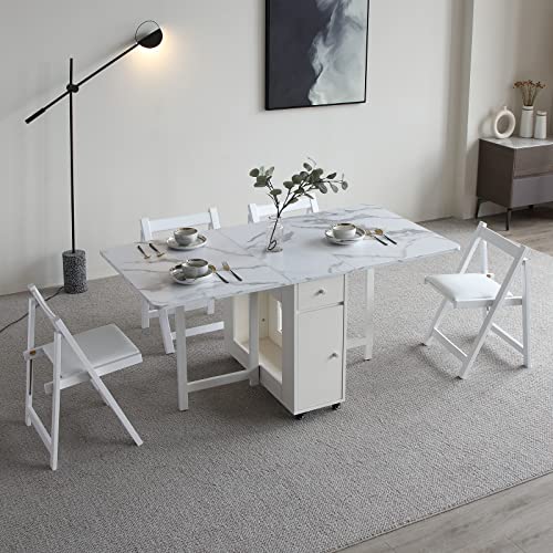 FUNROLUX Folding Dining Table and 4 Piece Folding Dining Chair Set, White Wooden Foldable Dining Table with Padded Seats Chairs