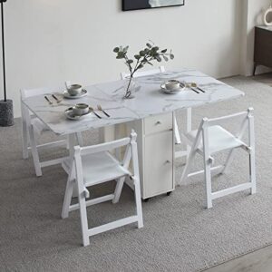 FUNROLUX Folding Dining Table and 4 Piece Folding Dining Chair Set, White Wooden Foldable Dining Table with Padded Seats Chairs