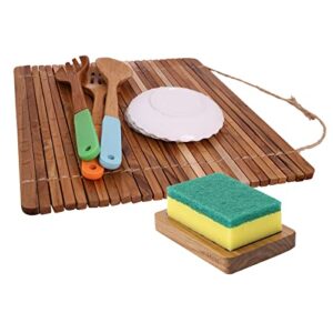 htb teak kitchen dish drying rack & sponge holder
