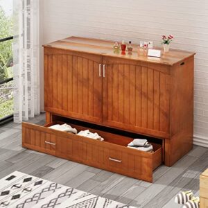 muzz queen size murphy cabinet bed with memory foam mattress, charging station and large drawer (queen, cherry with handles)