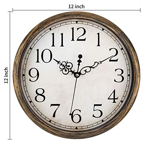 Lumuasky Retro Gold Wall Clock, Battery Operated Silent 12 Inch Vintage Non-Ticking Decorative Clock for Kitchen Living Room Bedroom Office School