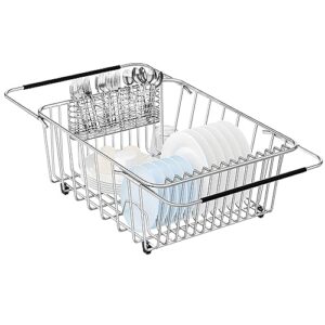 sink dish drying rack, expandable 304 stainless steel metal dish drainer rack organizer shelves with stainless steel utensil holder over inside sink, rustproof