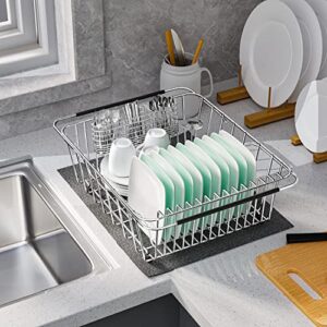 Sink Dish Drying Rack, Expandable 304 Stainless Steel Metal Dish Drainer Rack Organizer Shelves with Stainless Steel Utensil Holder Over Inside Sink, Rustproof