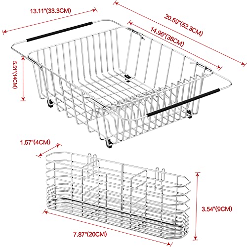 Sink Dish Drying Rack, Expandable 304 Stainless Steel Metal Dish Drainer Rack Organizer Shelves with Stainless Steel Utensil Holder Over Inside Sink, Rustproof