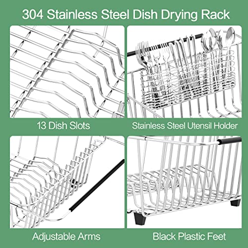 Sink Dish Drying Rack, Expandable 304 Stainless Steel Metal Dish Drainer Rack Organizer Shelves with Stainless Steel Utensil Holder Over Inside Sink, Rustproof